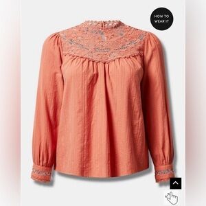 Torrid Cotton Lace Trim Yoke Blouson Sleeve Top - Apricot Brandy